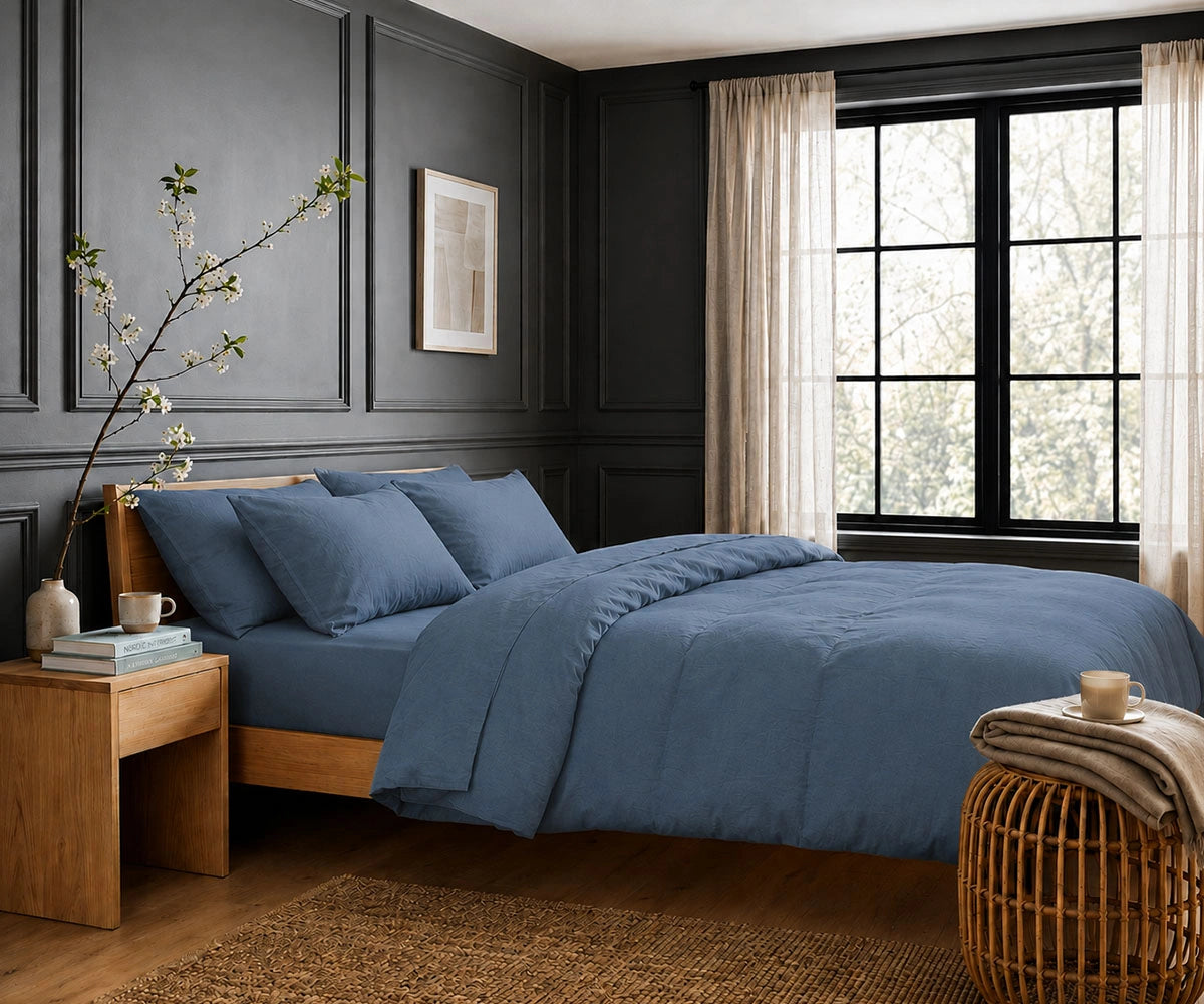 Premium dusty blue linen duvet cover for minimalist bedrooms and lightweight cooling sleep comfort
