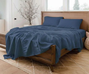 Dusty blue linen sheets for modern luxury bedroom decor with breathable soft washed flax linen bedding