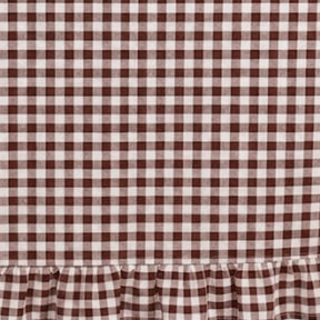 Detailed swatch of ruffle edge tablecloth fabric showcasing classic gingham pattern and stitching