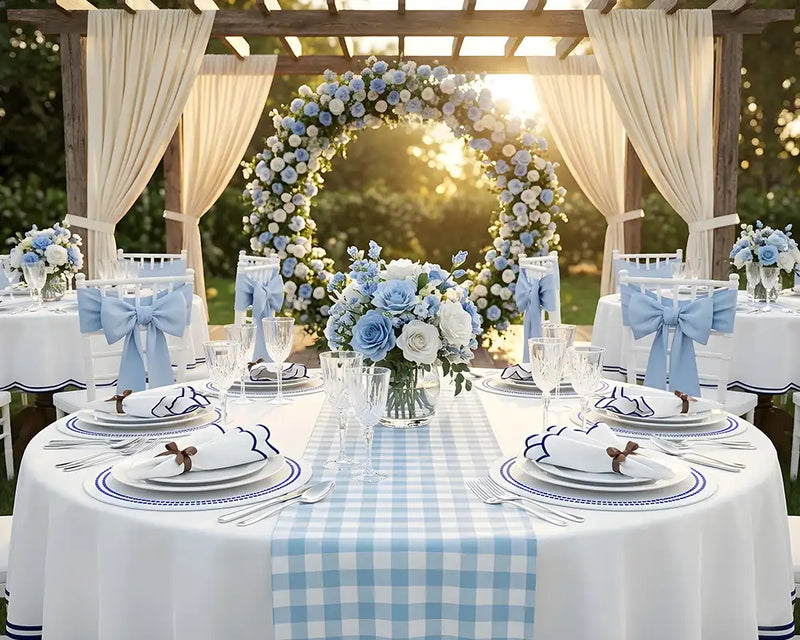 Outdoor wedding setup with tables, floral arch, and decorative elements.
