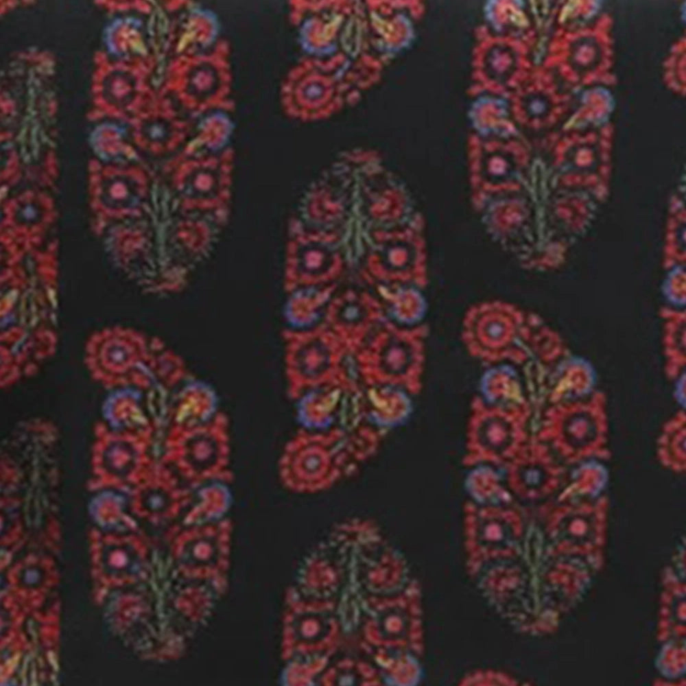 Black cotton cloth napkins with red and blue paisley block print design, set of patterned dinner napkins - close up