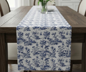 Printed blue floral table runner crafted from 100% cotton, decorative table linen for farmhouse tables, festive dining, and special occasions.
