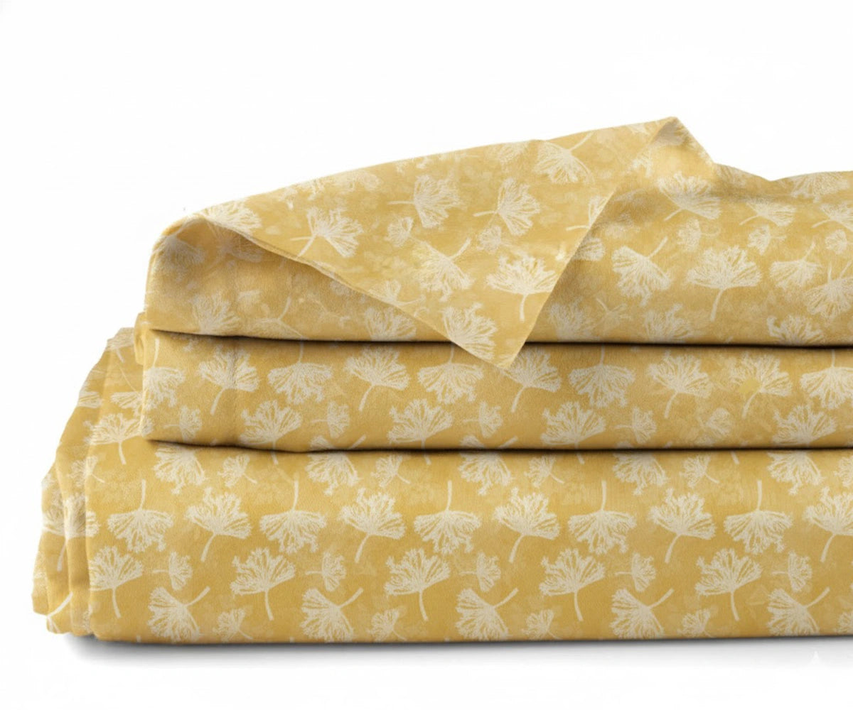 mustard leaf pattern linen bed sheets with minimal botanical design, soft washed linen printed sheet set, lightweight breathable bedding