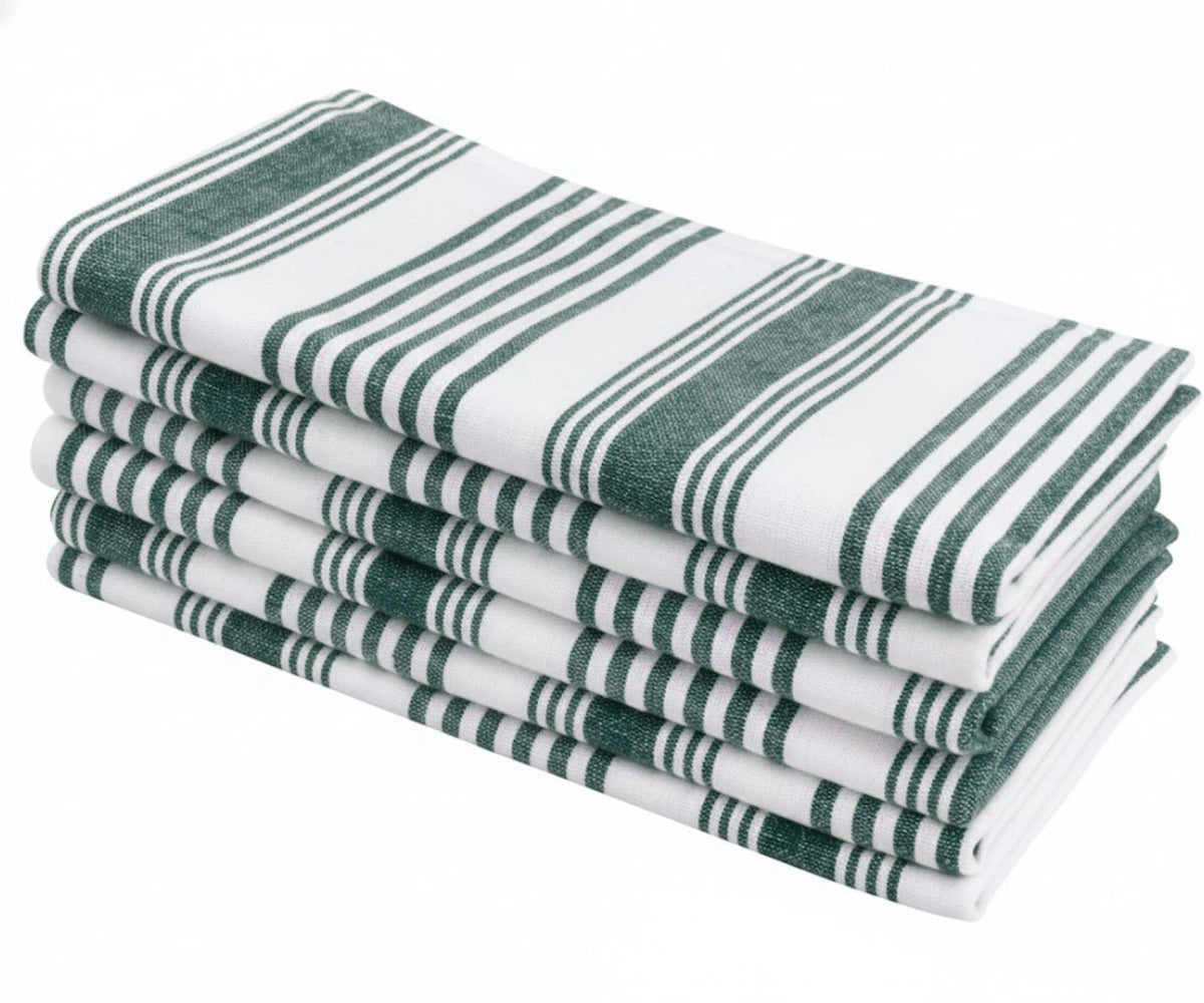 Stacked green striped cotton dining napkins