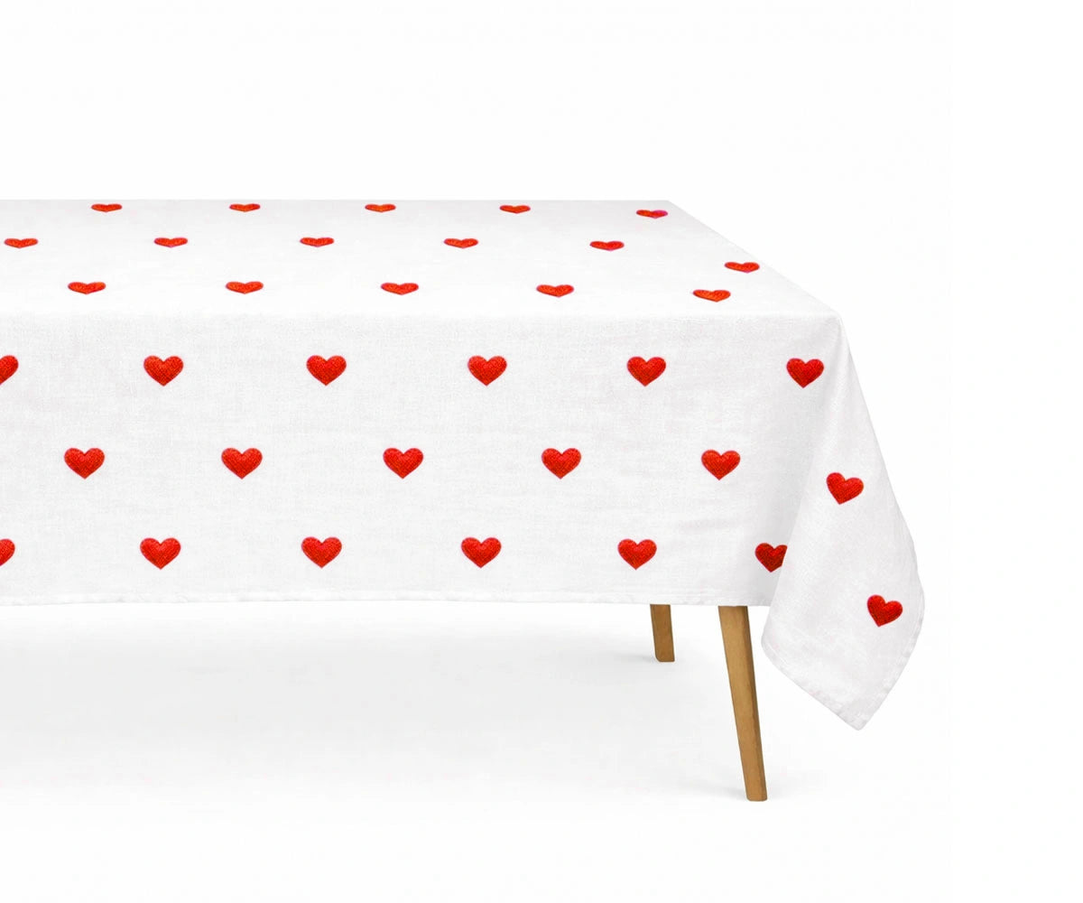 Red heart embroidered rectangle tablecloth in 100% cotton, romantic Valentine’s Day table décor for dining and special occasions