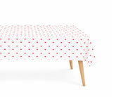 Valentine’s Day heart table cover with red heart print on white fabric