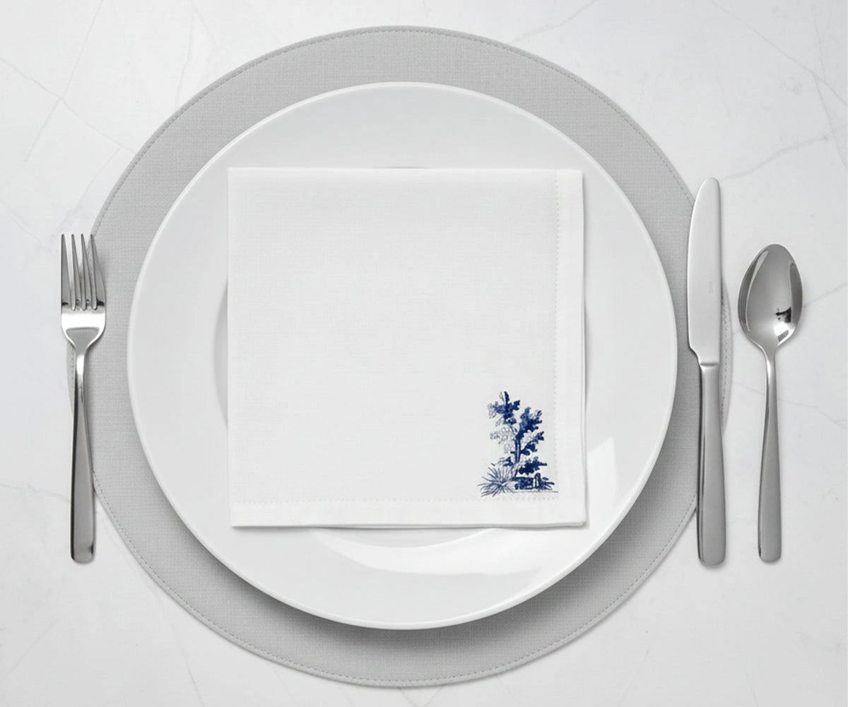 elegant blue floral toile print cotton napkins on white base, durable and absorbent cloth napkins