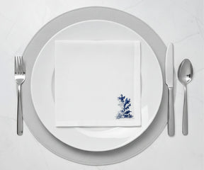 elegant blue floral toile print cotton napkins on white base, durable and absorbent cloth napkins