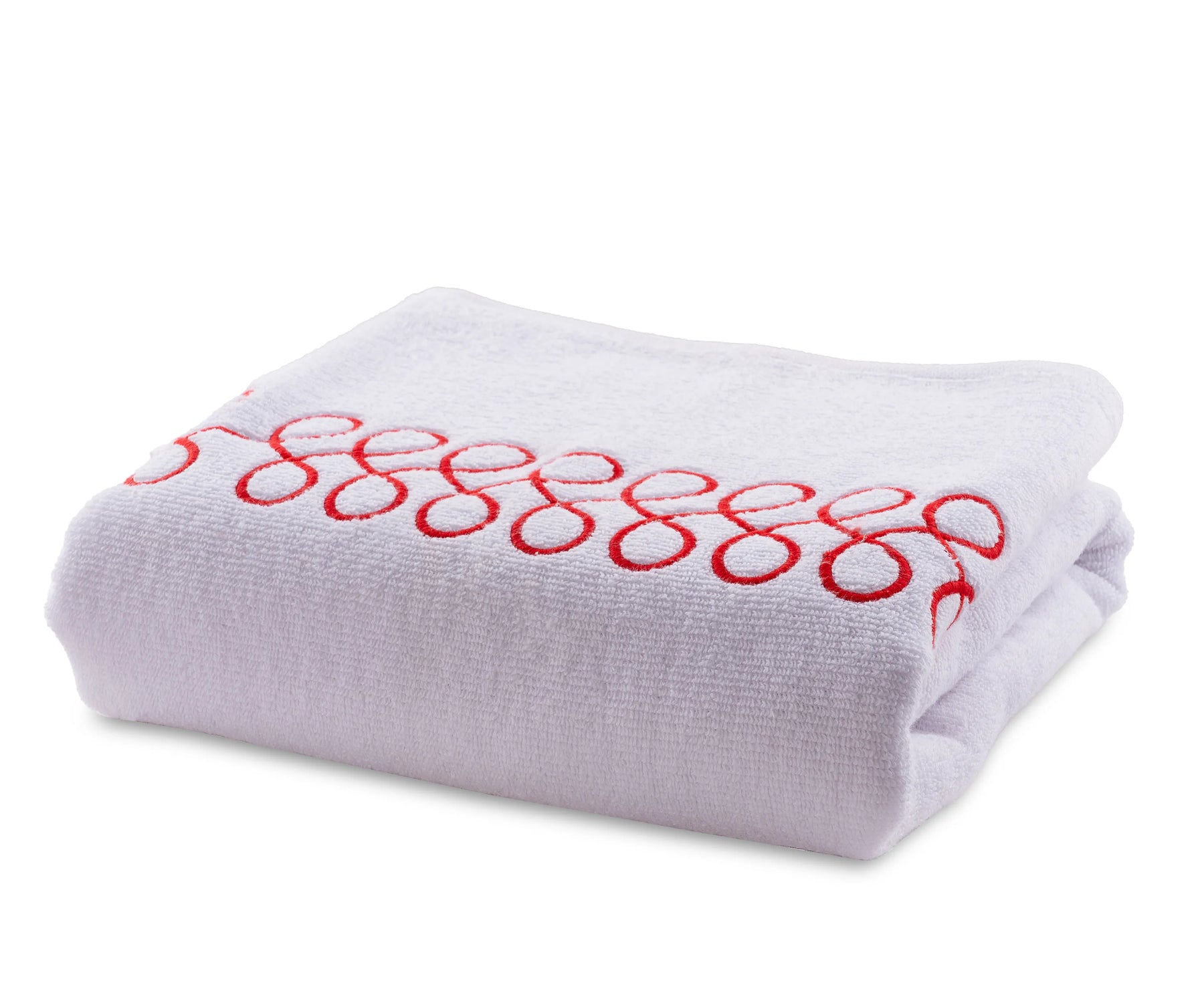 White embroidered cotton bath towel with red design, 30x60 inches, soft and absorbent.