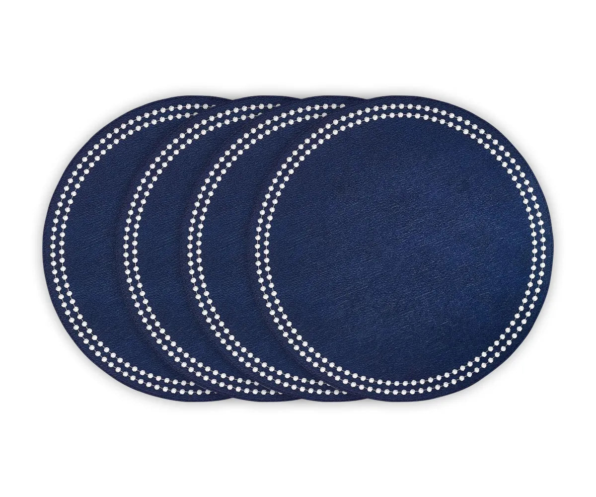 Navy blue embroidered cotton placemats set of 4 – round 17-inch table decor