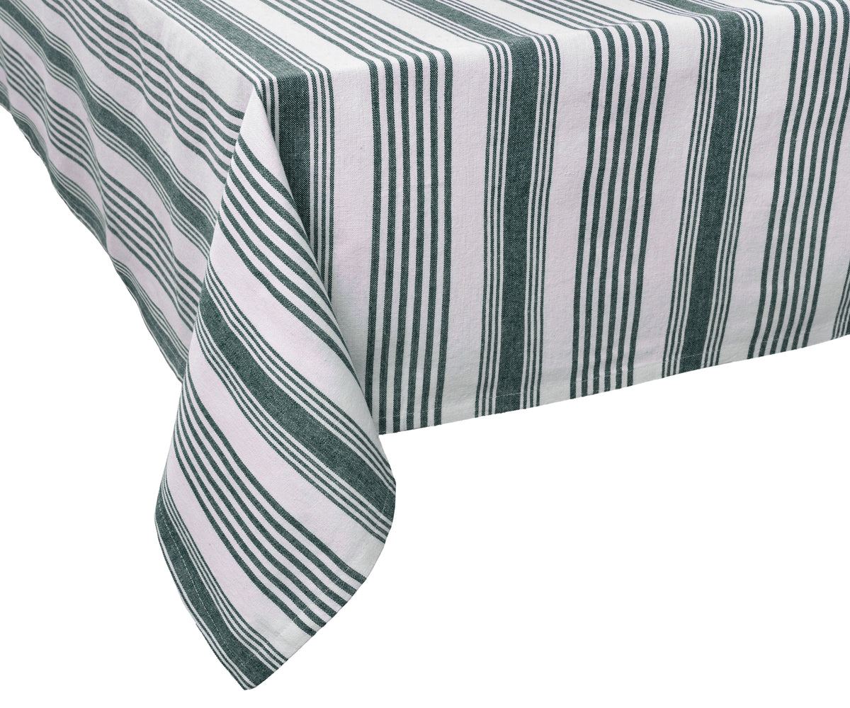 Green striped rectangular cotton tablecloth for indoor and outdoor dining tables