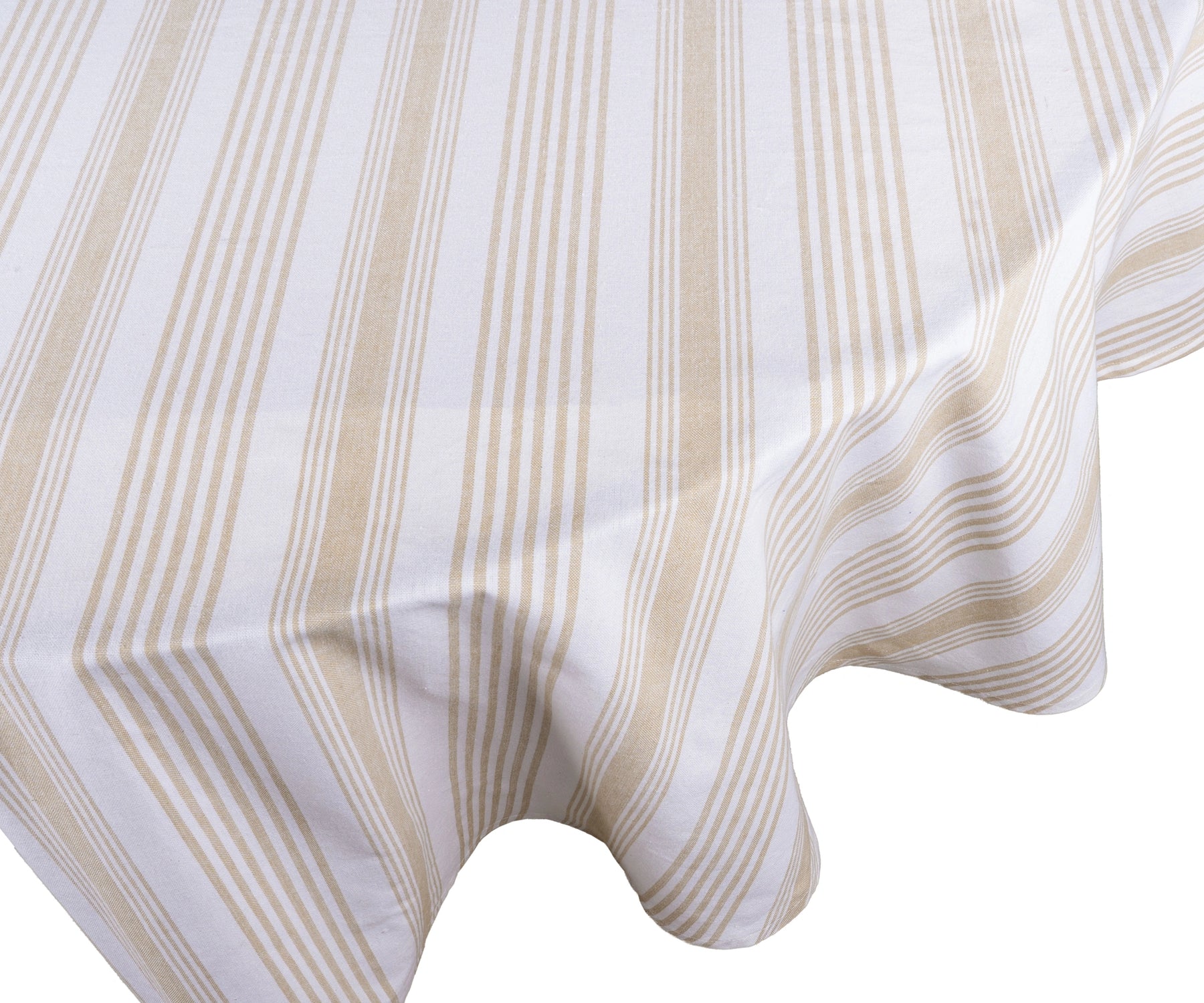 Elegant beige and white French stripe round tablecloth for holiday and casual meals