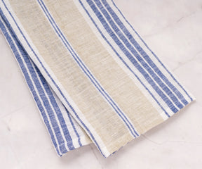 Rustic harvest kitchen towels in blue and tan stripes styled with table décor