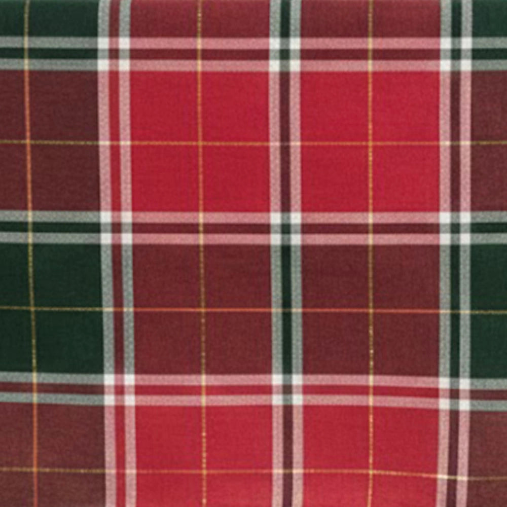 Red and green tartan plaid cotton tablecloth with white and yellow lines – classic Christmas table linen.