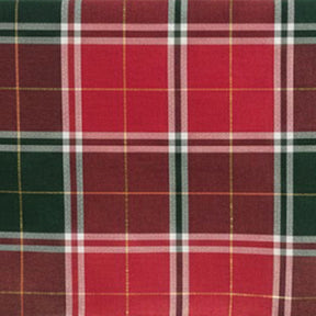Red and green tartan plaid cotton tablecloth with white and yellow lines – classic Christmas table linen.