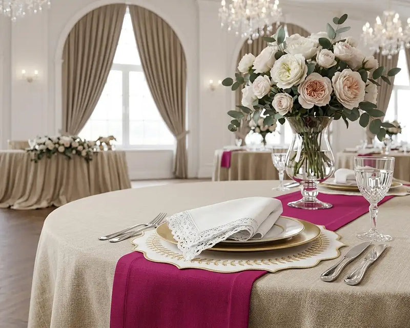 Elegant table setting with flowers and cutlery in a decorated room.