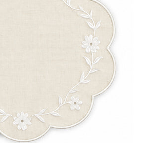 ivory scalloped placemat with white floral vine embroidery