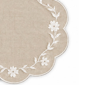 Natural cotton scalloped placemat with white floral embroidered border