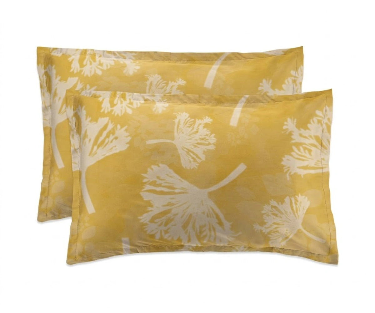 yellow pillowcases with leaf silhouette print, breathable flax linen bedding for queen and king size beds