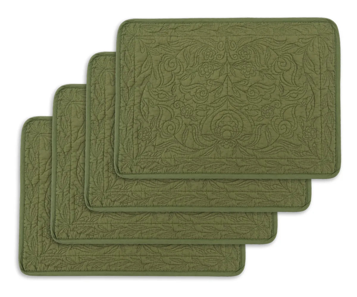 Green quilted placemat made from premium quilt cotton with an elegant floral stitched design, 13x18 inch reusable rectangle table mat for everyday dining.