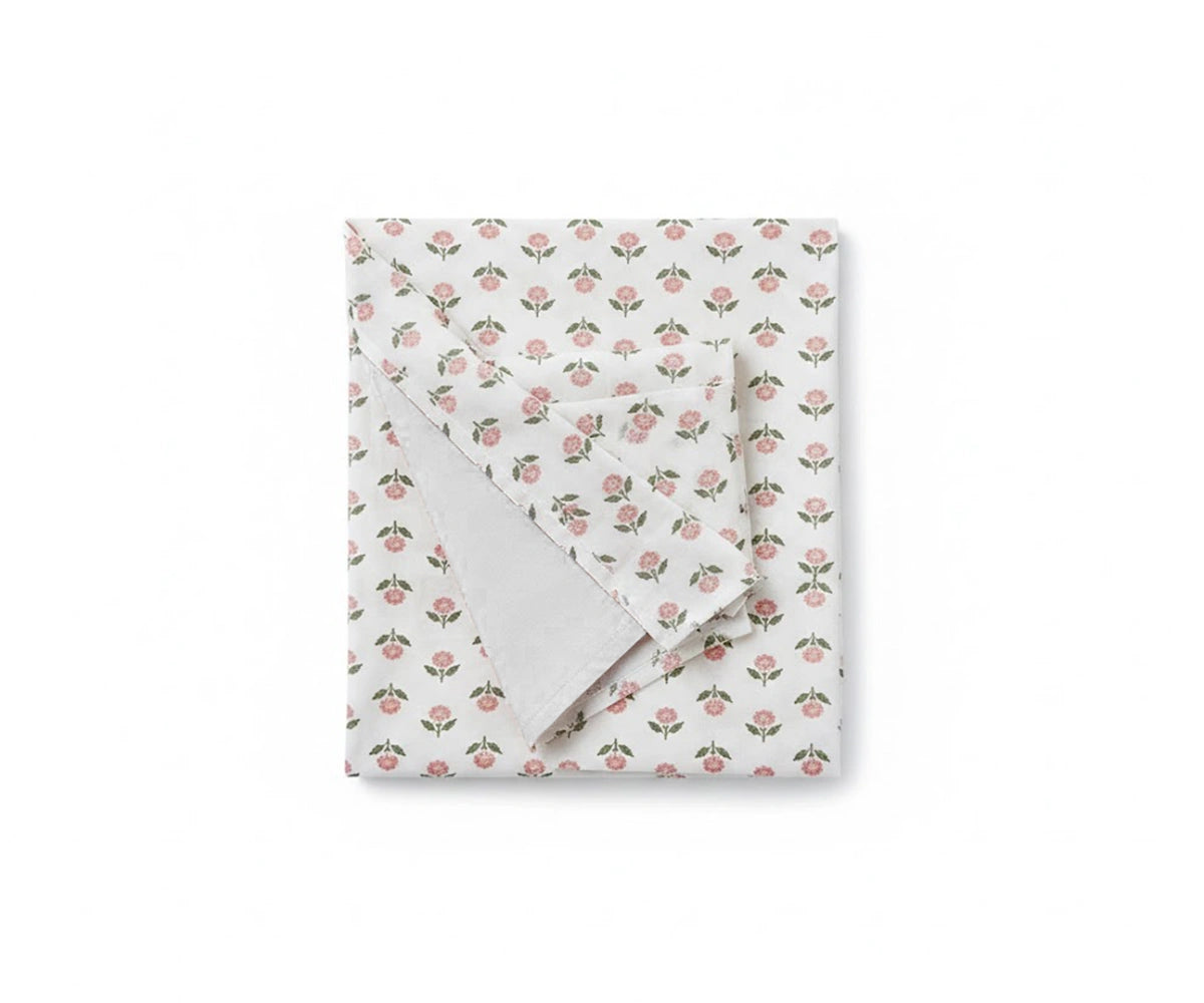 pink floral printed linen bedding set, sustainable percale sheets for warm sleepers