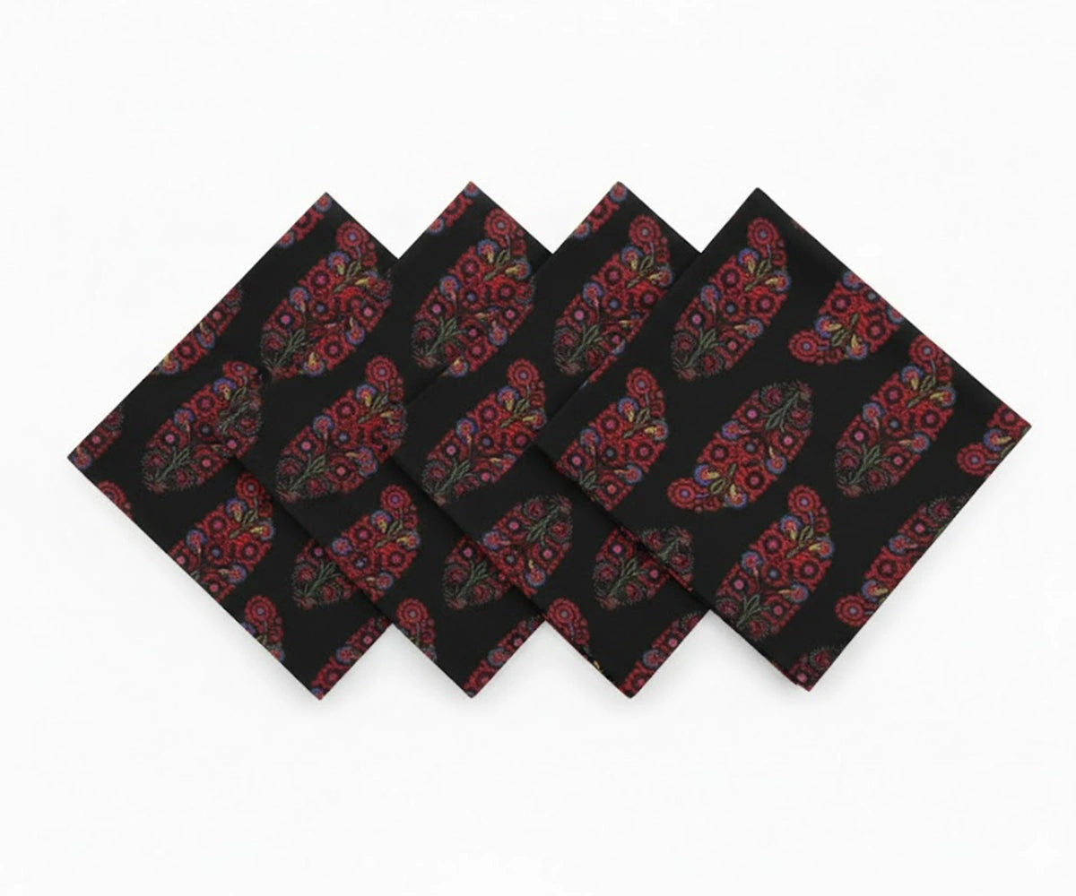Black cotton cloth napkins with red and blue paisley block print design, set of patterned dinner napkins