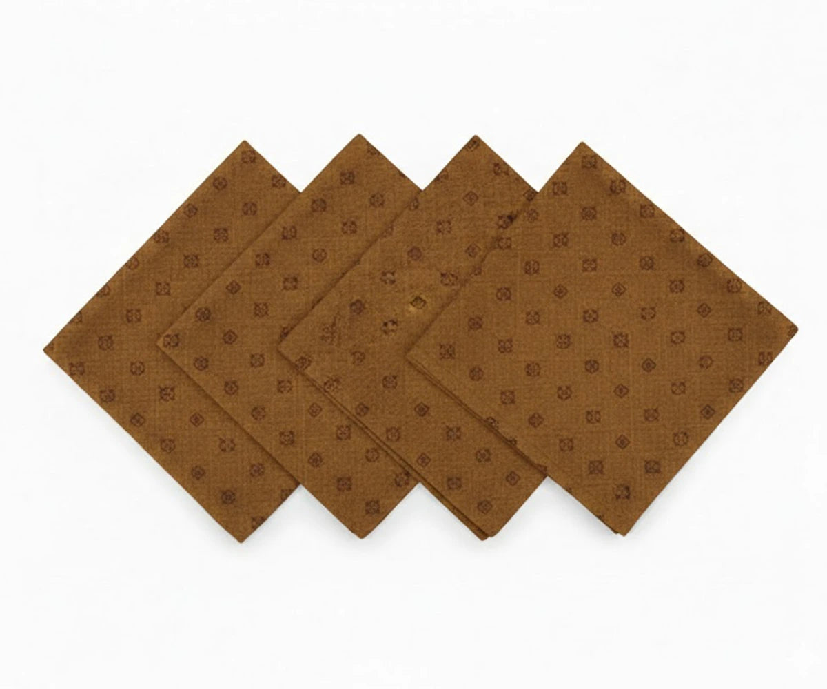 Mustard brown geometric print cotton napkins, set of reusable patterned cloth dinner napkins