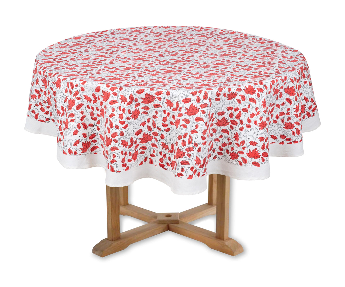 Bohemian round tablecloth with red block print flowers