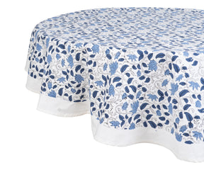 Boho and farmhouse-inspired blue round tablecloth with floral patterns