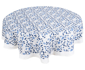 60-inch round blue floral cotton tablecloth with traditional block print