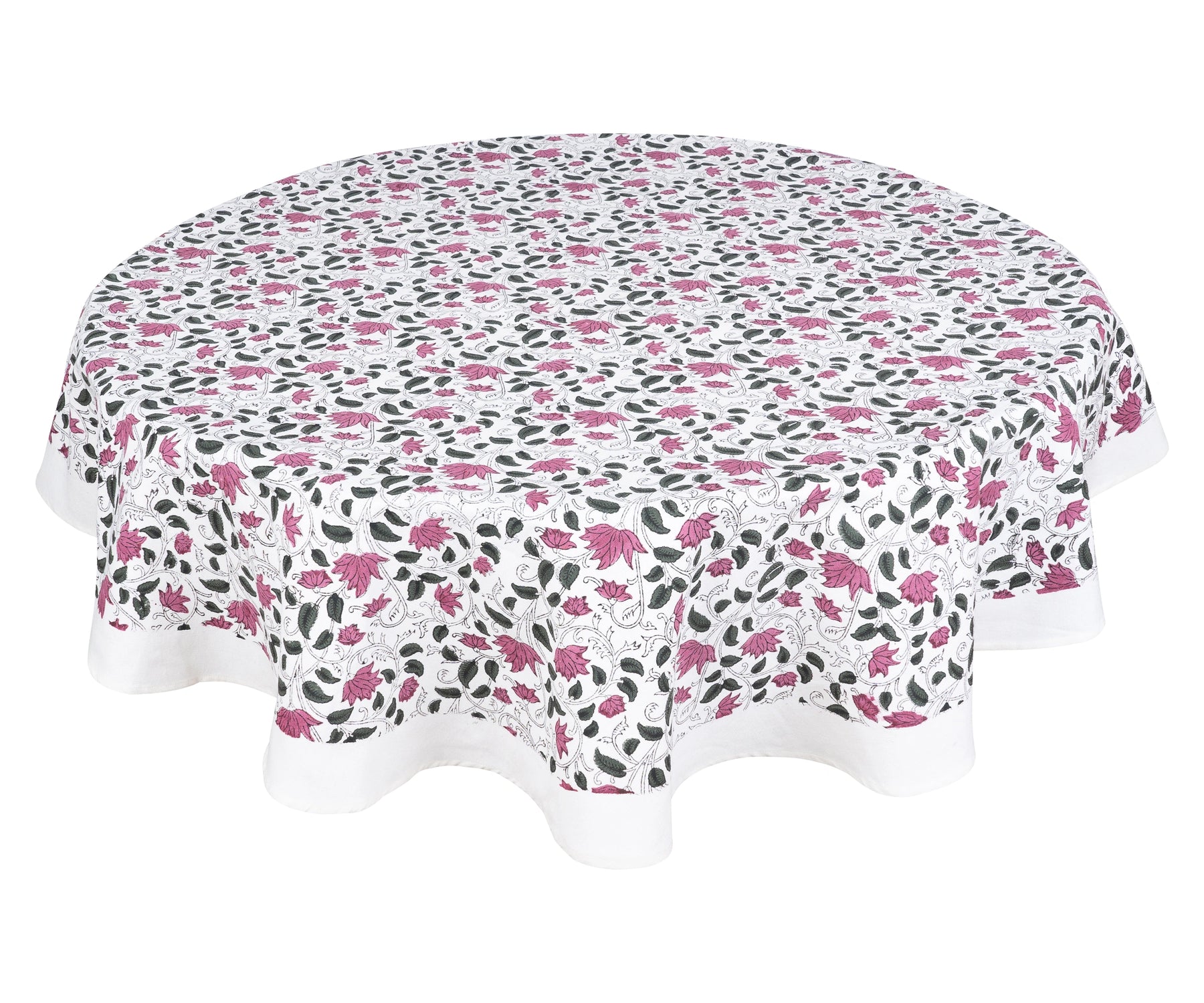 Round pink floral cotton tablecloth with block print design