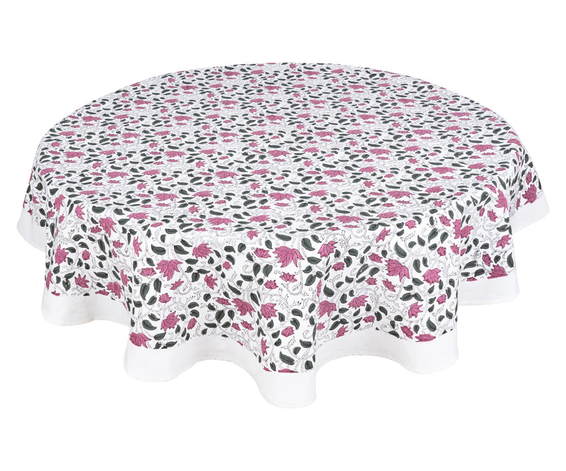 Round pink floral cotton tablecloth with block print design