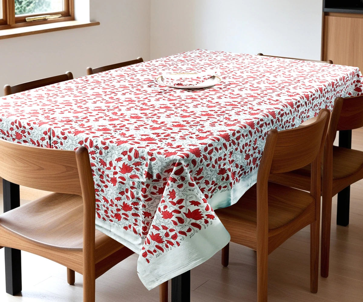 Red Floral Block Printed Cotton Tablecloth – 60x90" Rectangle
