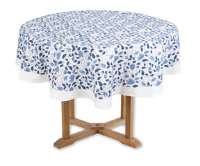 Artisan-style blue block print tablecloth for round dining tables