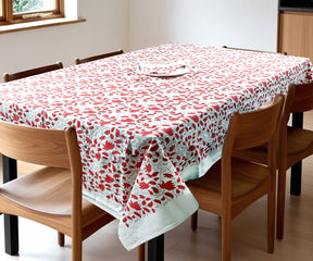 Red Floral Block Printed Cotton Tablecloth – 60x90" Rectangle
