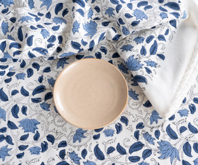 Eco-friendly cotton tablecloth in blue with handcrafted floral design