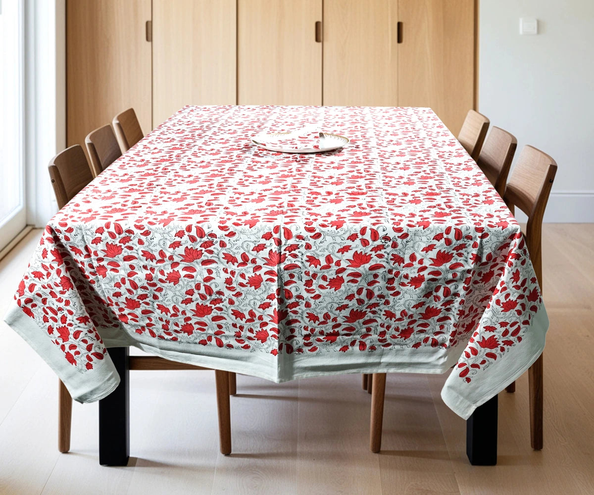 Botanical Tablecloth with Red Floral Print – 100% Cotton for Christmas or Everyday Use