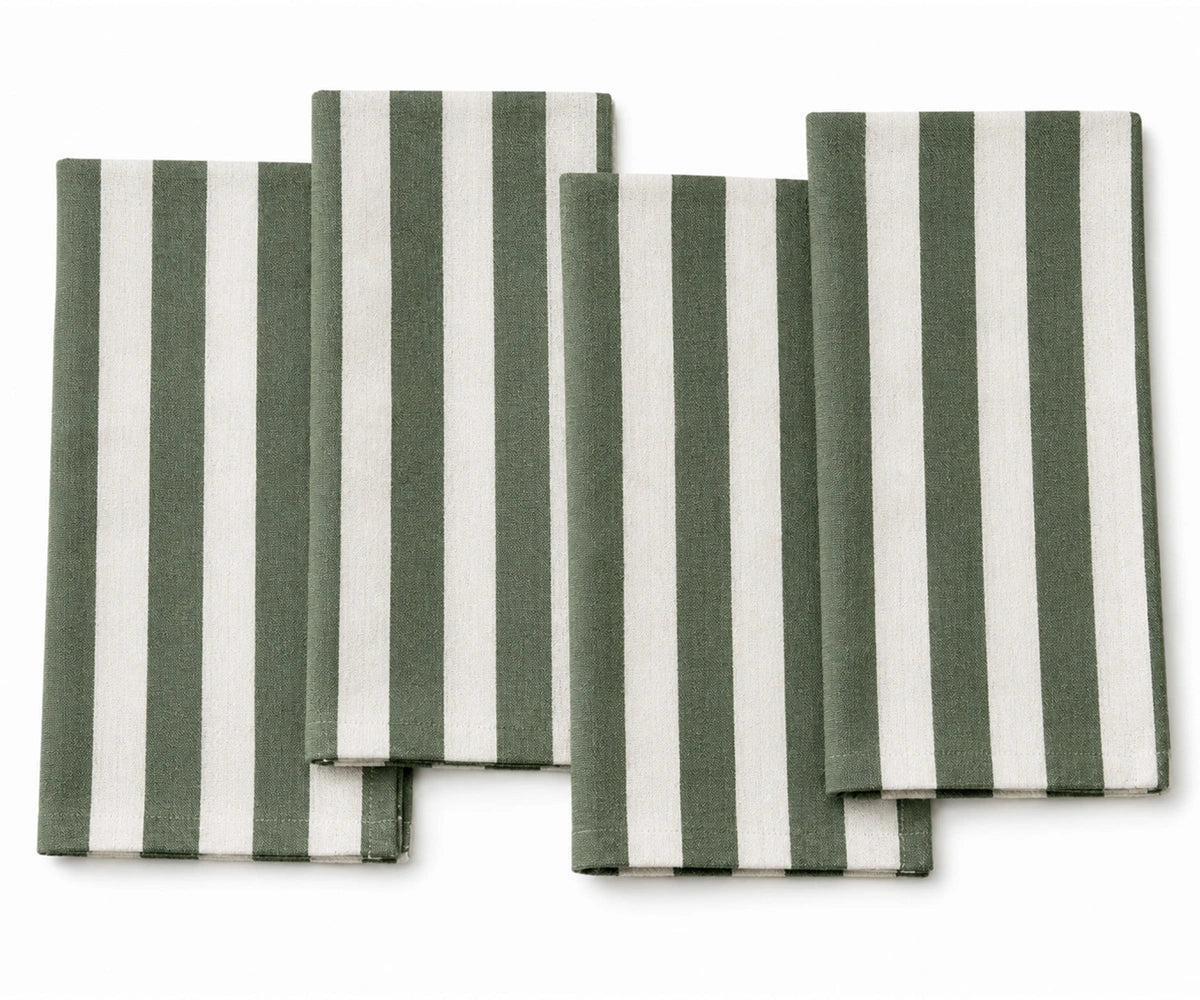 Forest green striped cloth napkins made from 100% cotton, soft and absorbent reusable dinner napkins for elegant everyday table settings.