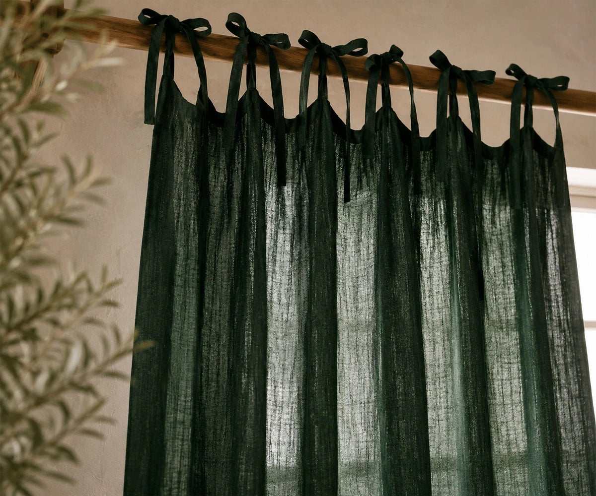 Forest Green Tie Top Linen Curtain Panels crafted from breathable European flax linen fabric. Natural light filtering linen curtains for living room, bedroom, and cottage-inspired interiors.