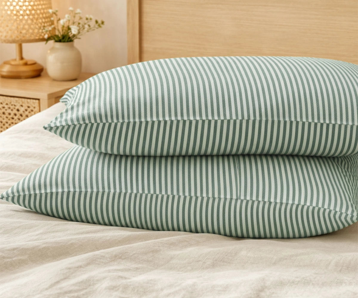 Forest green and white striped European linen pillowcases set of 2, 100% linen breathable pillow covers, soft prewashed linen bedding, modern farmhouse bedroom decor