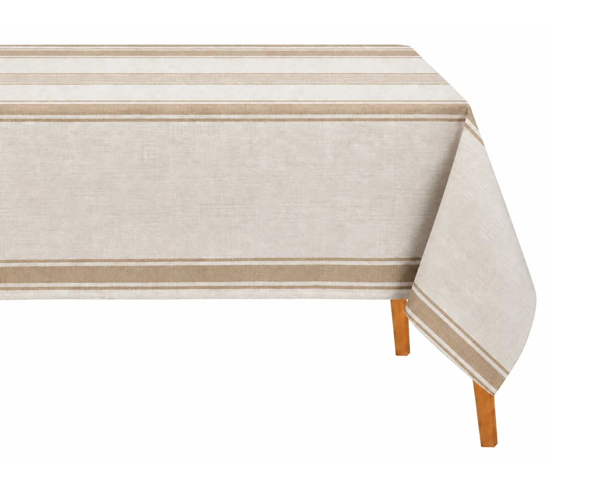 French linen tablecloth featuring classic stripes and a relaxed European-inspired design for elegant dining spaces.