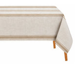 French linen tablecloth featuring classic stripes and a relaxed European-inspired design for elegant dining spaces.