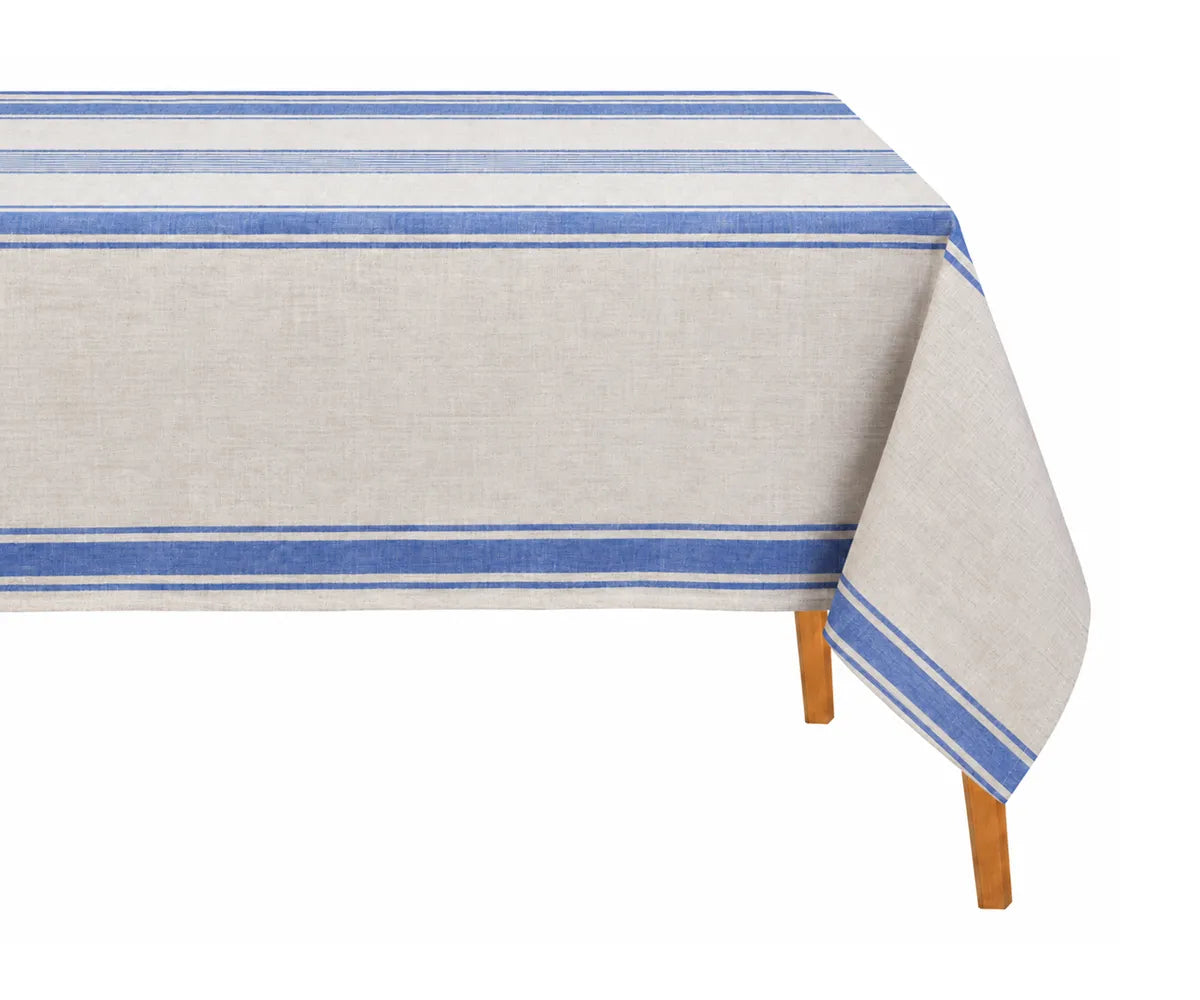 Striped linen dining cloth showcasing a timeless woven pattern for casual entertaining and family table settings.