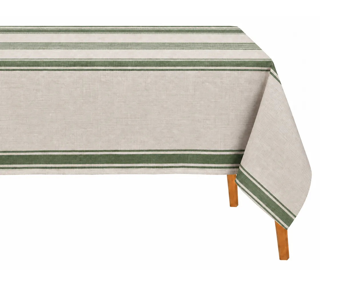 Long rectangular tablecloth crafted from linen with a classic stripe pattern for seasonal tablescapes and gatherings.