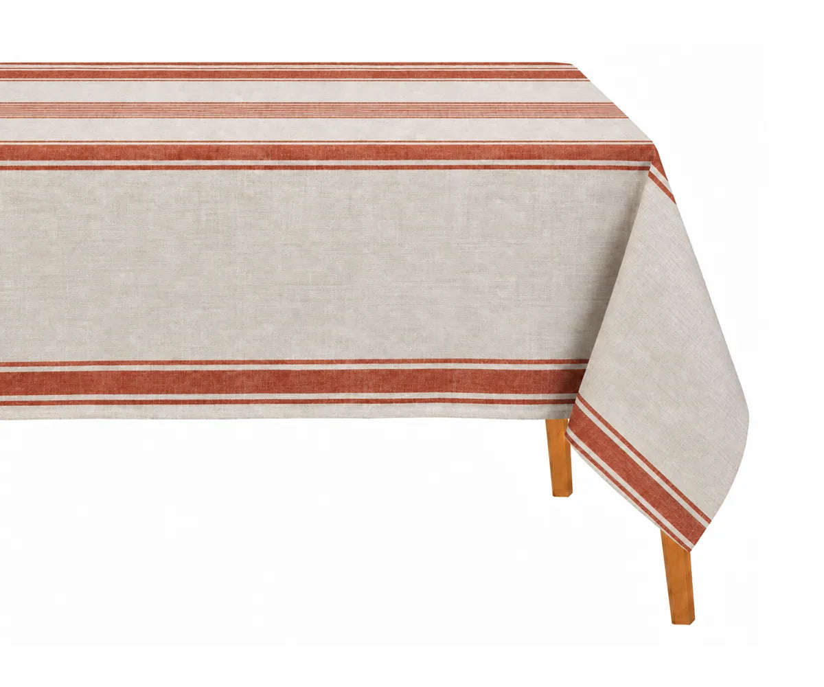 French-inspired linen table covering with a classic stripe arrangement, bringing a relaxed European feel to dining interiors.