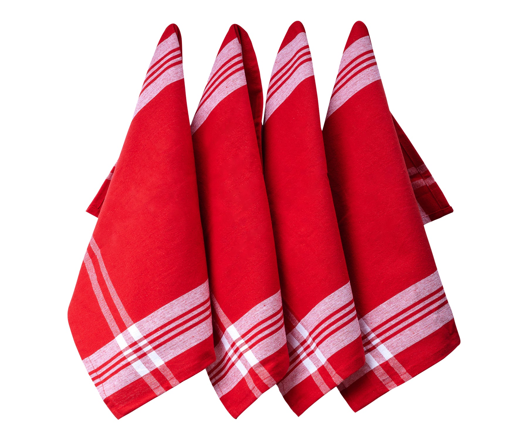 Four vibrant red farmhouse kitchen napkins with white striping