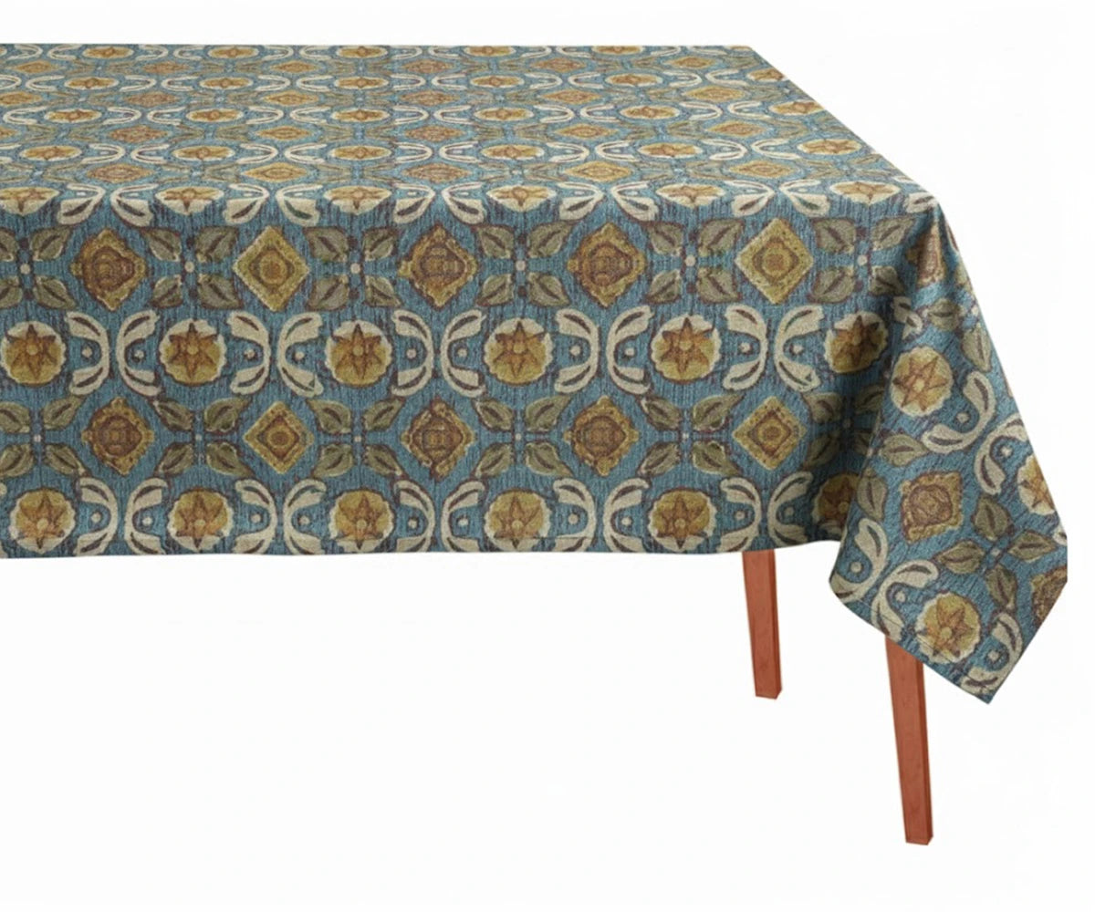 Green block printed 100% cotton tablecloth with traditional pattern on dining table