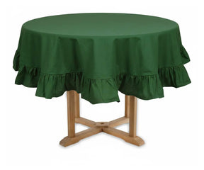Green ruffled round cotton tablecloth for farmhouse dining and nature inspired wedding tables