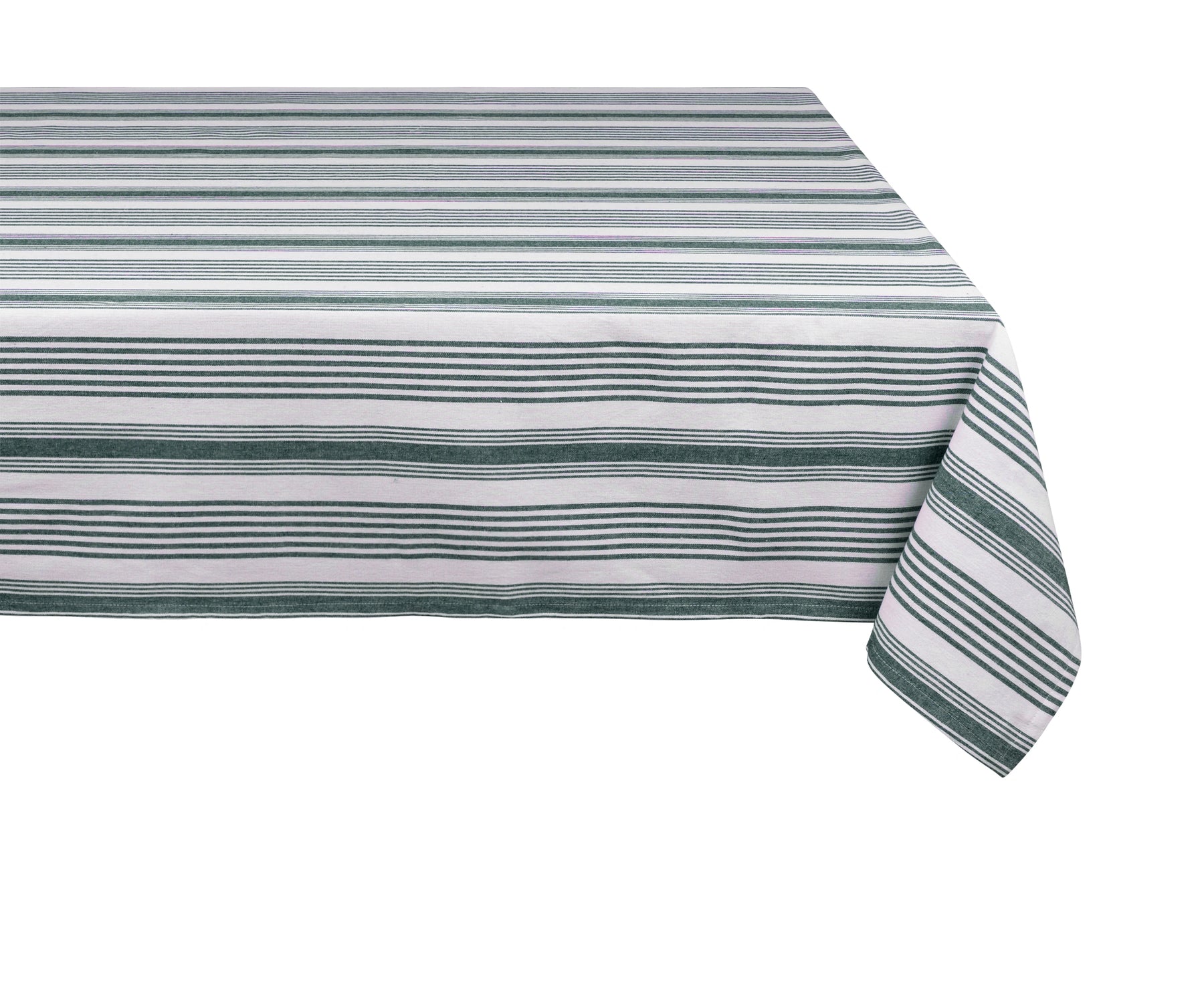 Green striped cotton tablecloth styled in French farmhouse dining setting