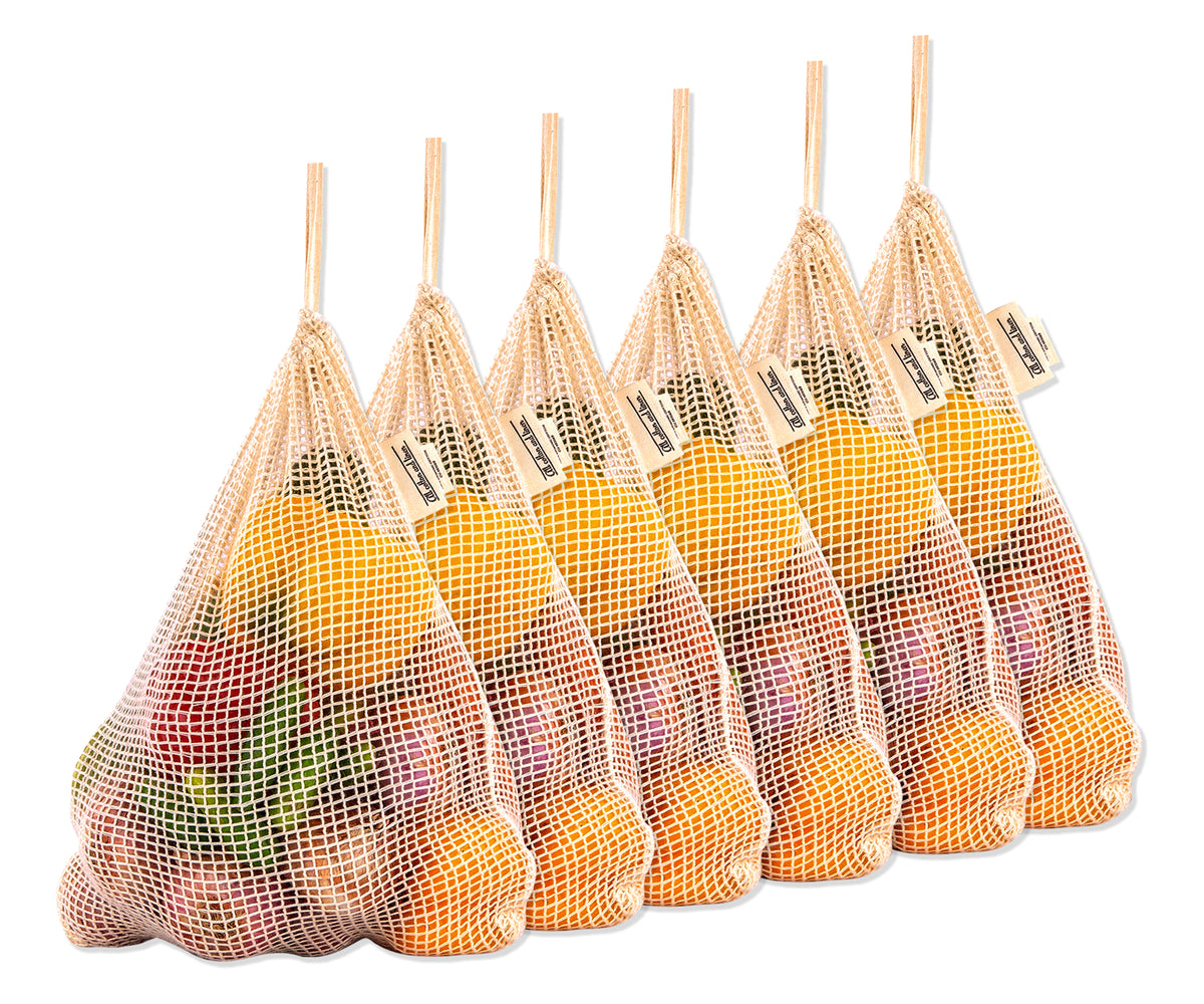 Six assorted reusable mesh produce bags with fruits and vegetables